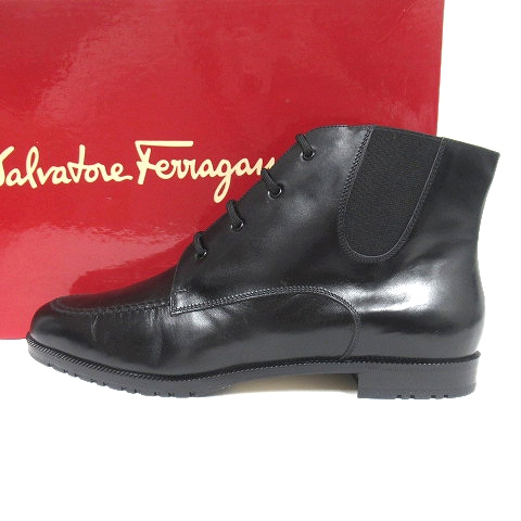 未使用品 サルヴァトーレフェラガモ Salvatore Ferragamo レザー サイドゴア レースアップ ショート ブーツ シューズ 革靴 サイズ 5.5C 約23cm 黒 レディース 買い取りさせて頂きました♪