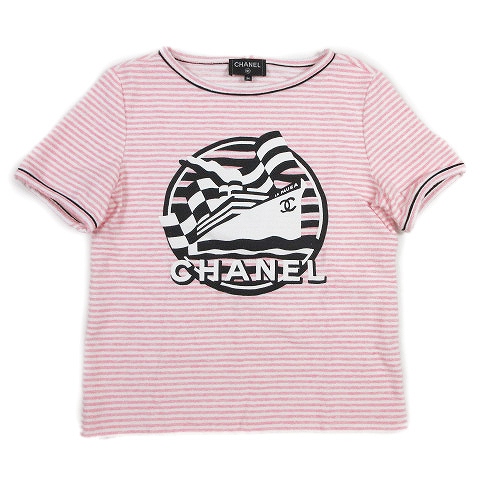シャネル CHANEL 19C パイル Tシャツ ボーダー ココマーク ロゴ LA PAUSA プリント 半袖 プルオーバー タオル生地 カットソー 34 ピンク 白 P60455V22656 を買い取りさせて頂きました♪
