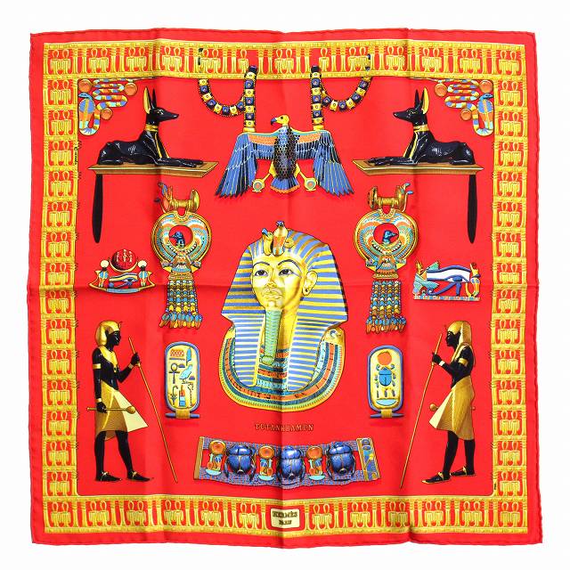 美品 エルメス HERMES カレ 45 ガヴロッシュ プチカレ ツタンカーメン スカーフ "TUTANKHAMUN" エジプト 総柄 シルク 赤 ゴールド マルチ を買い取りさせて頂きました♪