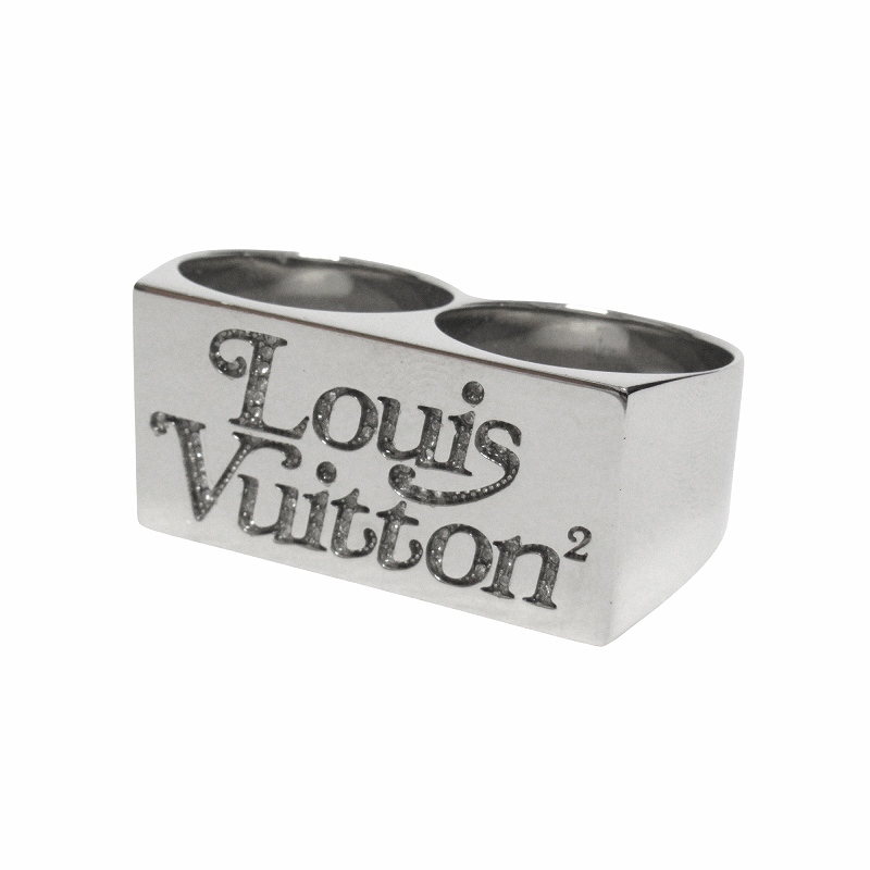 美品 20aw ルイヴィトン × ニゴー LOUIS VUITTON × NIGO バーグ ダブル スクエアード LVストラス リング 指輪 MP2688 ヴァージル・アブロー ロゴ ラインストーン コラボ Lサイズ シルバー メンズ 付属品完備 買い取りさせて頂きました♪