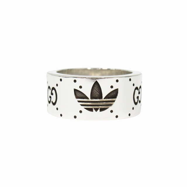 新品仕上げ済 新同 極美品 グッチ GUCCI × アディダス adidas "Engraved Wide Ring" エングレービング ワイド リング 指輪 アクセサリー ジュエリー GG トレフォイル ロゴ Ag925 702766 サイズ13 13号 シルバー メンズ レディース ユニセックス 買い取りさせて頂きました♪ リモード福山